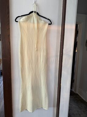 Strapless Butter Yellow Ribbed Knit Hauler Maxi Dress